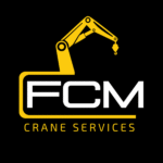 FCM Crane Services logo featuring a yellow crane arm above bold white FCM letters on a black background.