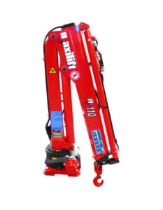Compact red Maxilift hydraulic crane in folded position with visible hook attachment.